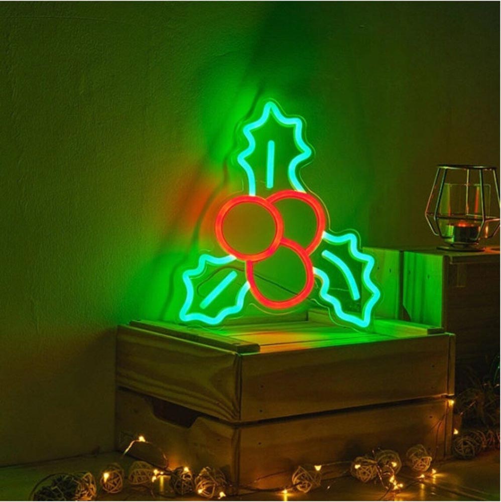 HDJSign - Merry Christmas Holly Leaf and Berries Neon Sign HDJ Sign