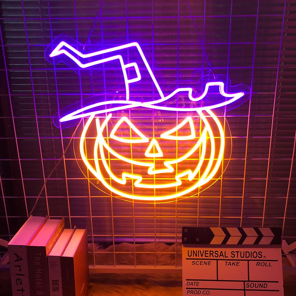 HDJSign - Halloween Evil Pumpkin with Hat Holiday Neon Sign HDJ Sign